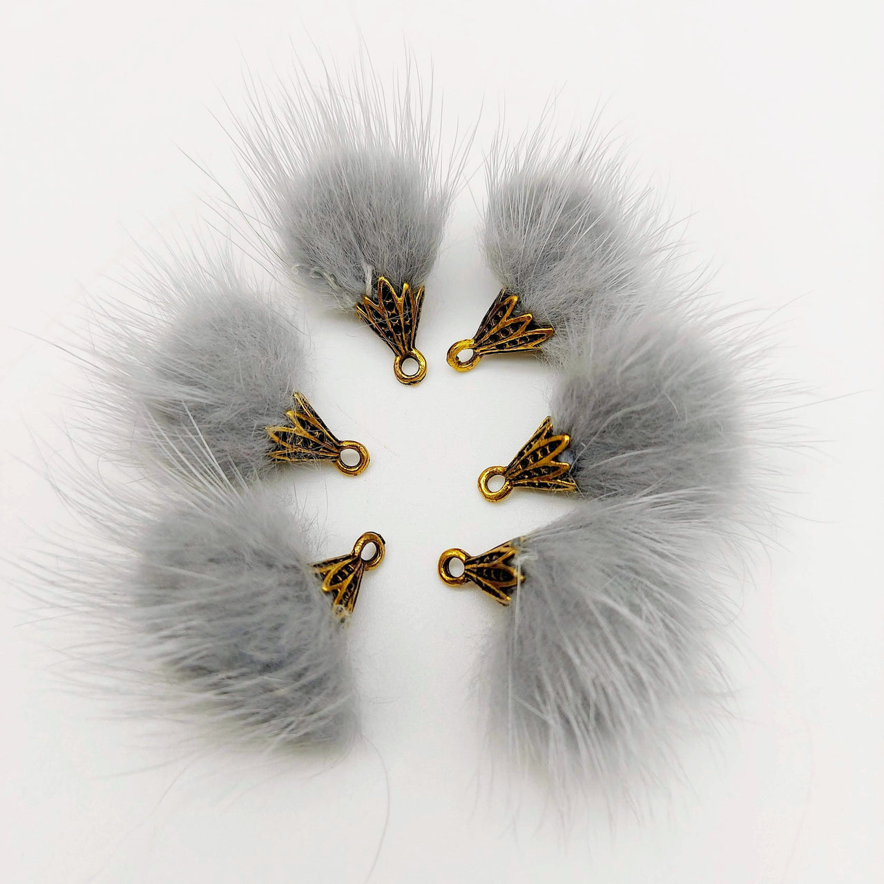 Grey Artificial Feather Fur Tassel With Brass Cap in Antique Gold Colour, Tassel Charms x 2