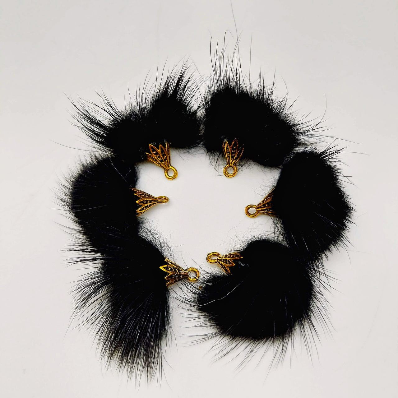 Black Artificial Feather Fur Tassel With Brass Cap in Antique Gold Colour, Tassel Charms x 2