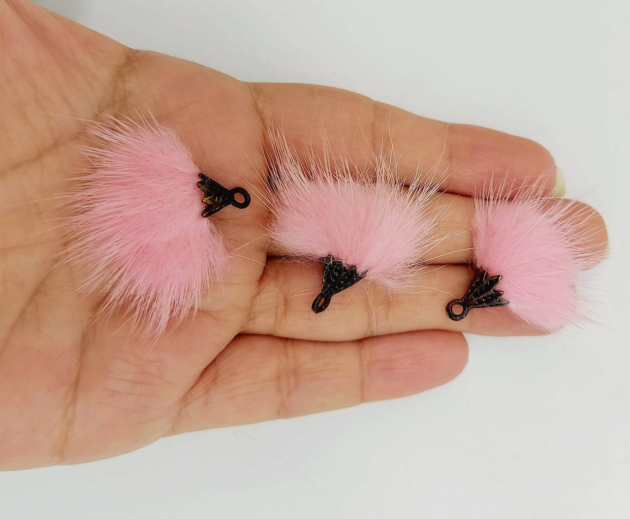 Pink Artificial Feather Fur Tassel With Brass Cap in Antique Gold Colour, Tassel Charms x 2