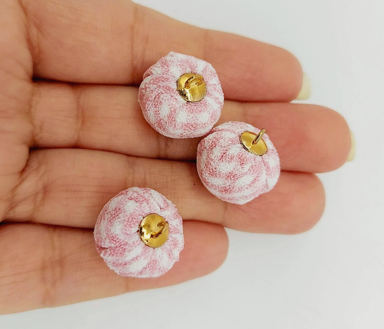 Pink and White Checkered Cotton Small Fabric Balls Tassel, Button with Ring Cap, Decorative Tassels