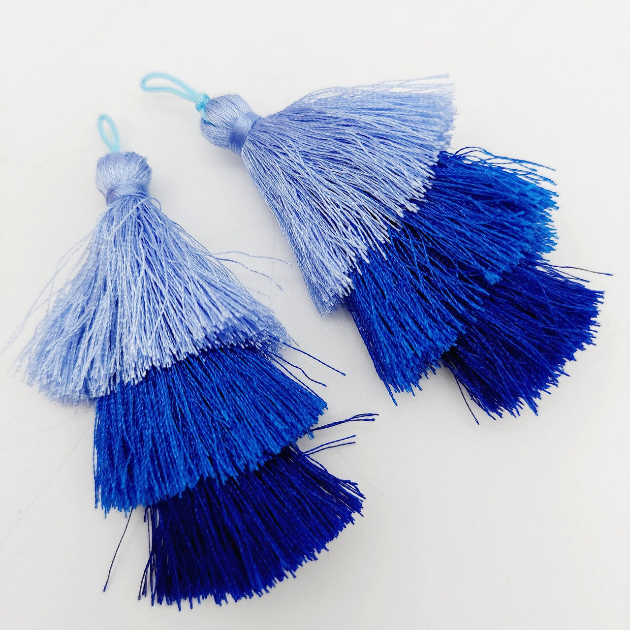 Blue Cotton Tassels in Three Layers, Tassel Charms, Tiered Tassels x 2