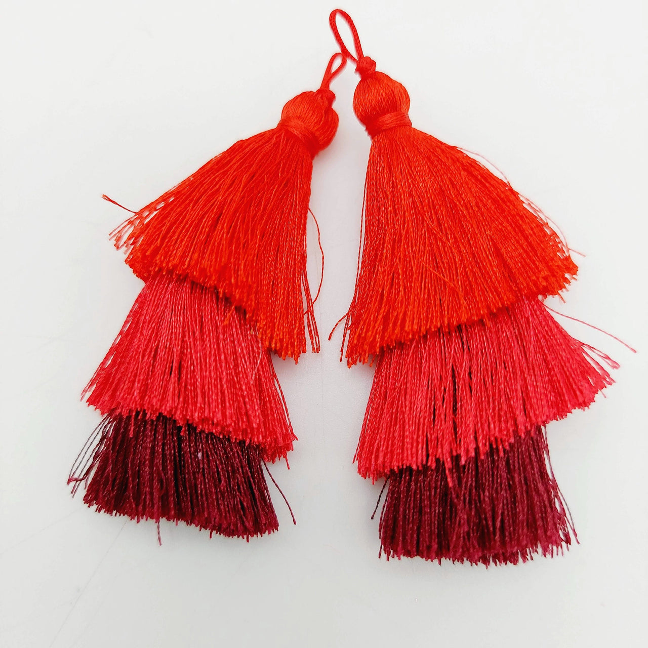 Red Cotton Tassels in Three Layers, Tassel Charms, Tiered Tassels x 2