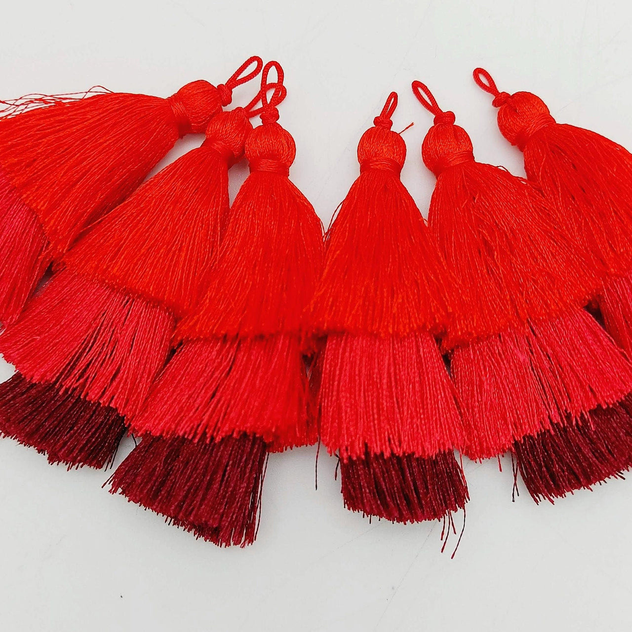 Red Cotton Tassels in Three Layers, Tassel Charms, Tiered Tassels x 2