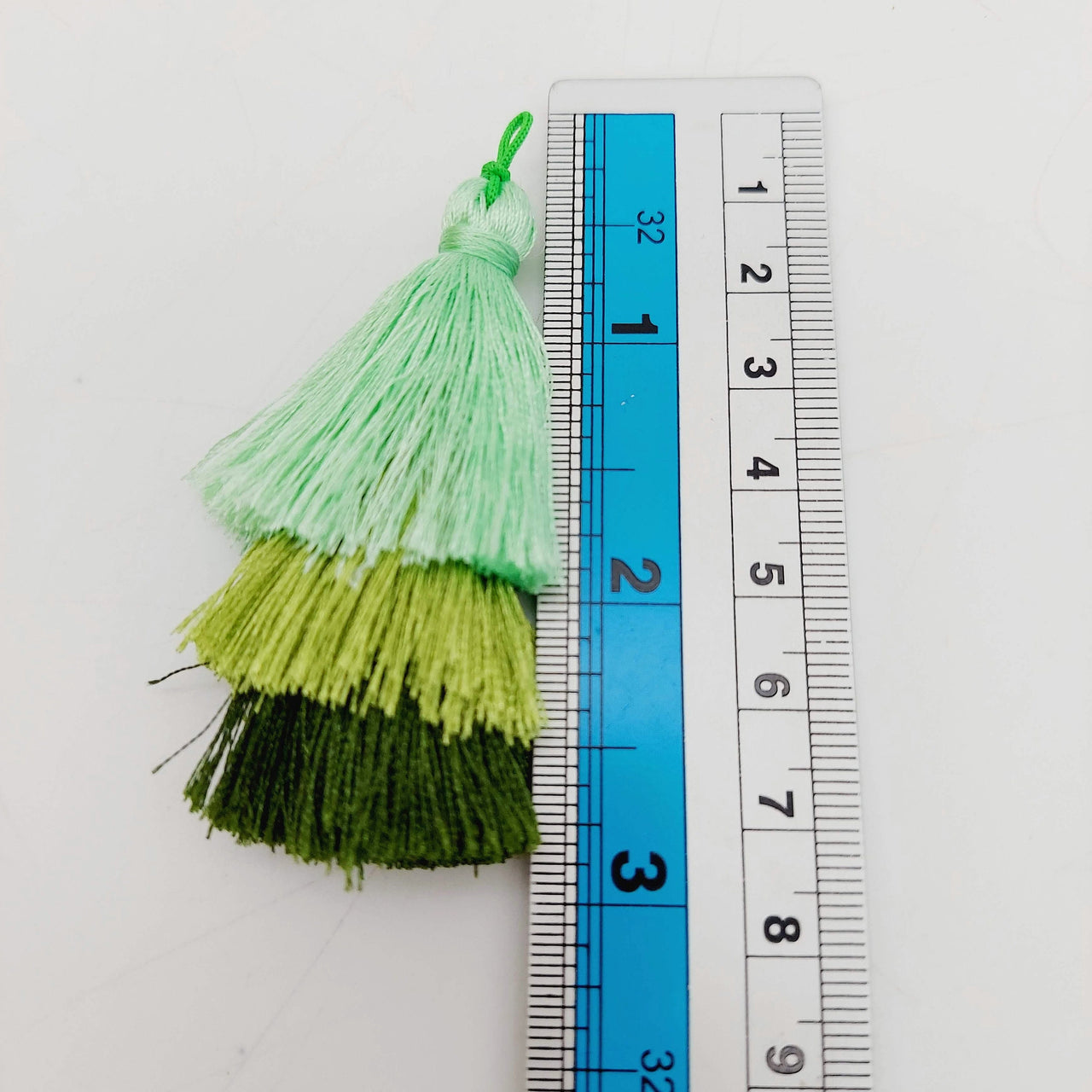 Green Cotton Tassels in Three Layers, Tassel Charms, Tiered Tassels x 2