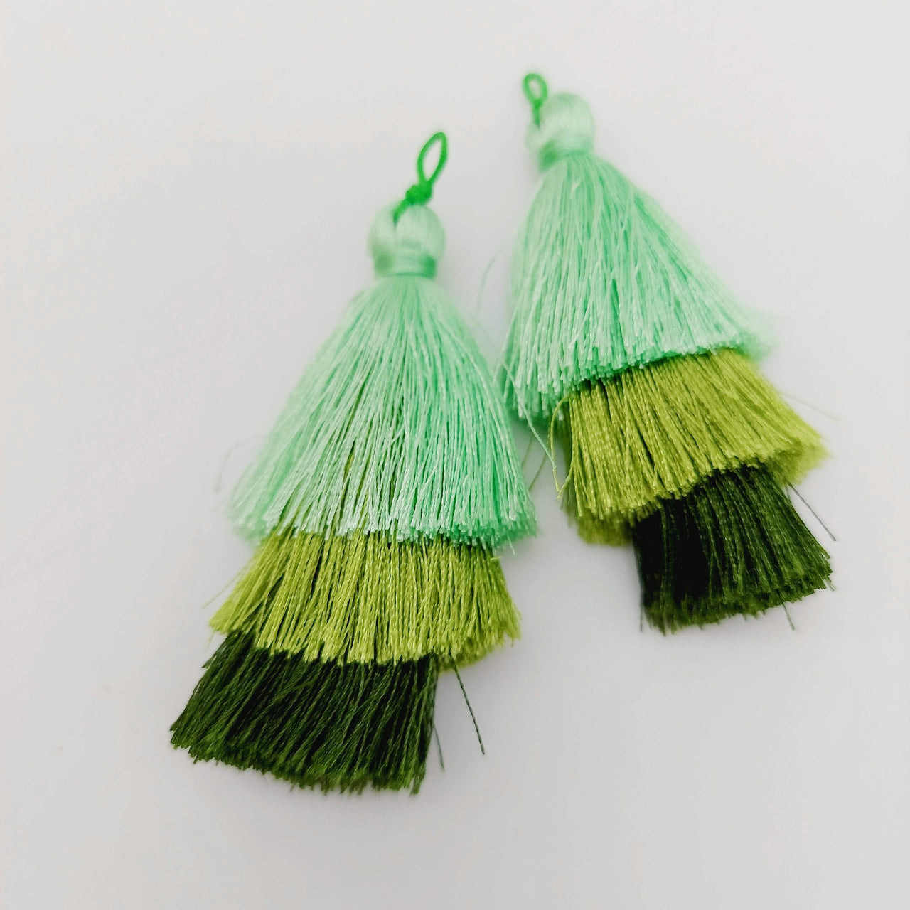 Green Cotton Tassels in Three Layers, Tassel Charms, Tiered Tassels x 2