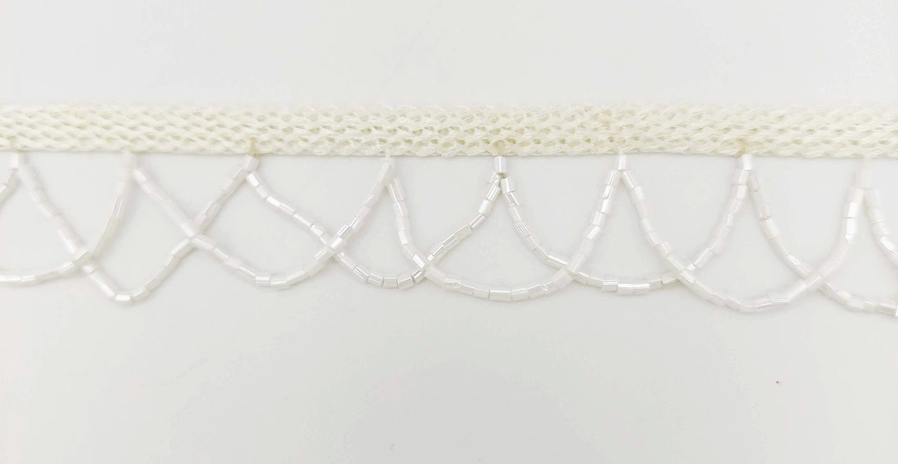 White Hand Embroidered Fringe Lace Trim With White Bugle Beads, Fringe Trim, Beaded Fringing
