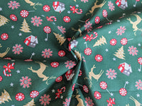 Thumbnail for Bottle Green Christmas Trees Snowflakes Candy Cane and Reindeers 100% Cotton Christmas Fabric, Festive Fabric, Holiday Fabric