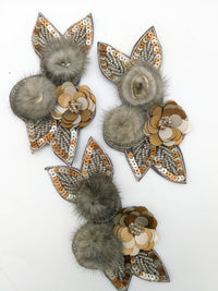 Thumbnail for Grey and Antique Gold Hand Embroidered Floral Applique, Beaded and Sequins Applique