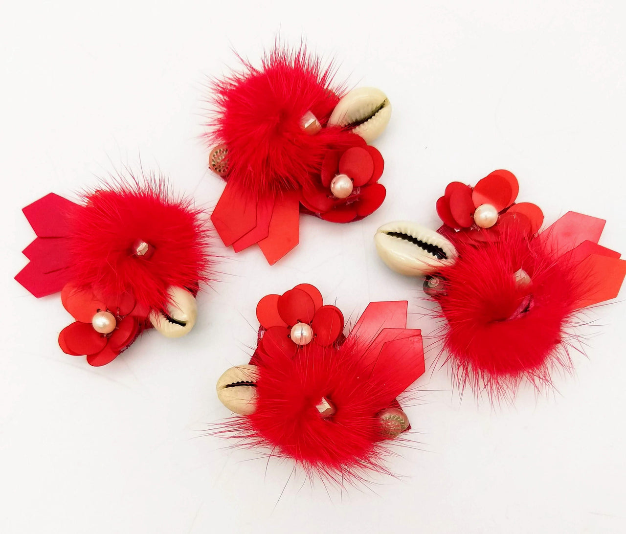 Hand Embroidered Red Applique With Cowrie Shell, Sequins,Pearl and Feather Pom Pom