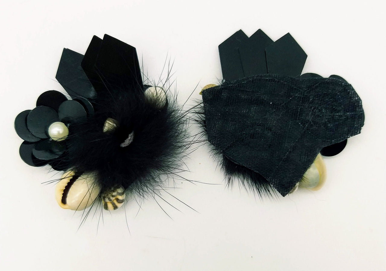Hand Embroidered Black Applique With Cowrie Shell, Sequins,Pearl and Feather Pom Pom