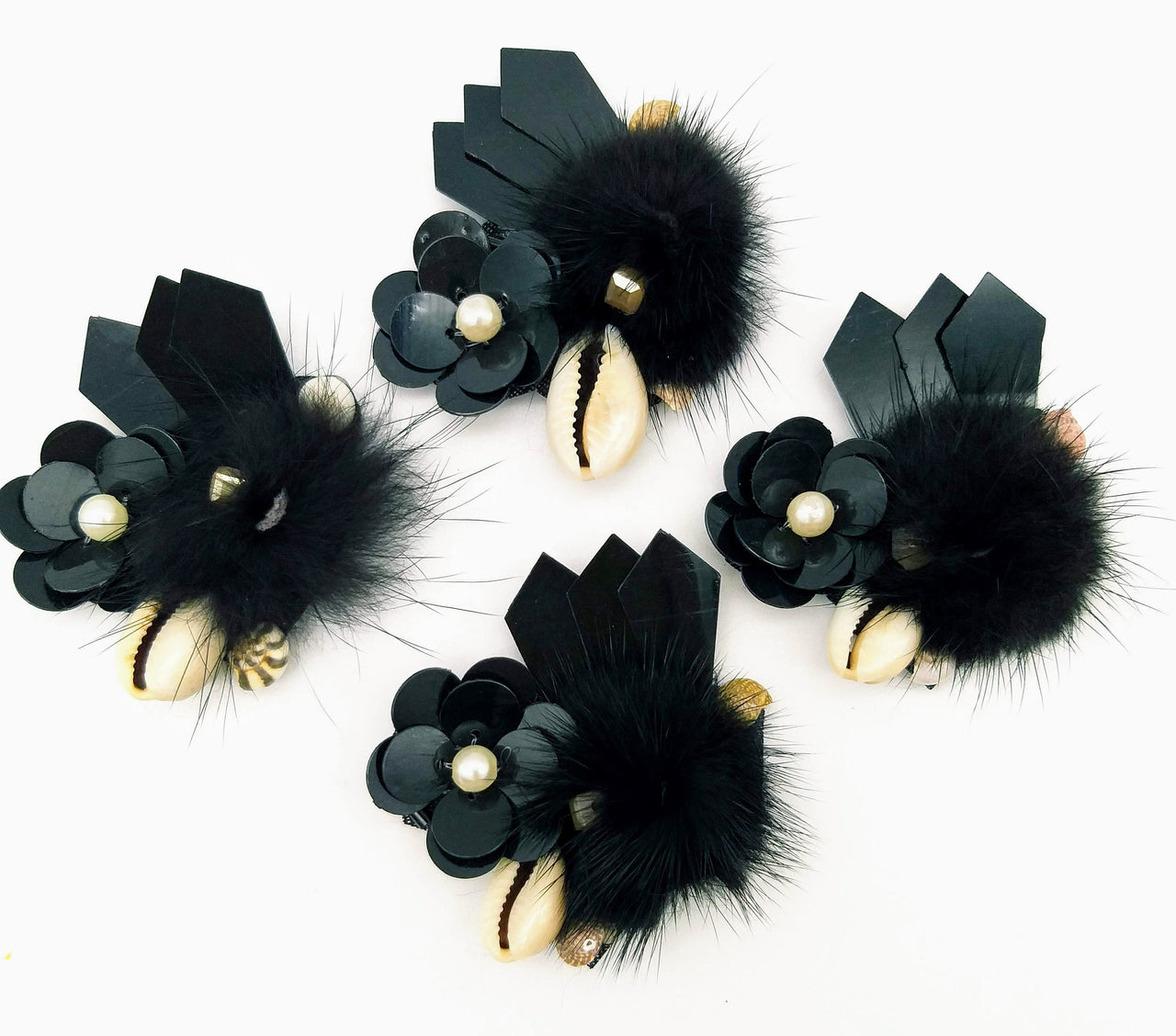 Hand Embroidered Black Applique With Cowrie Shell, Sequins,Pearl and Feather Pom Pom