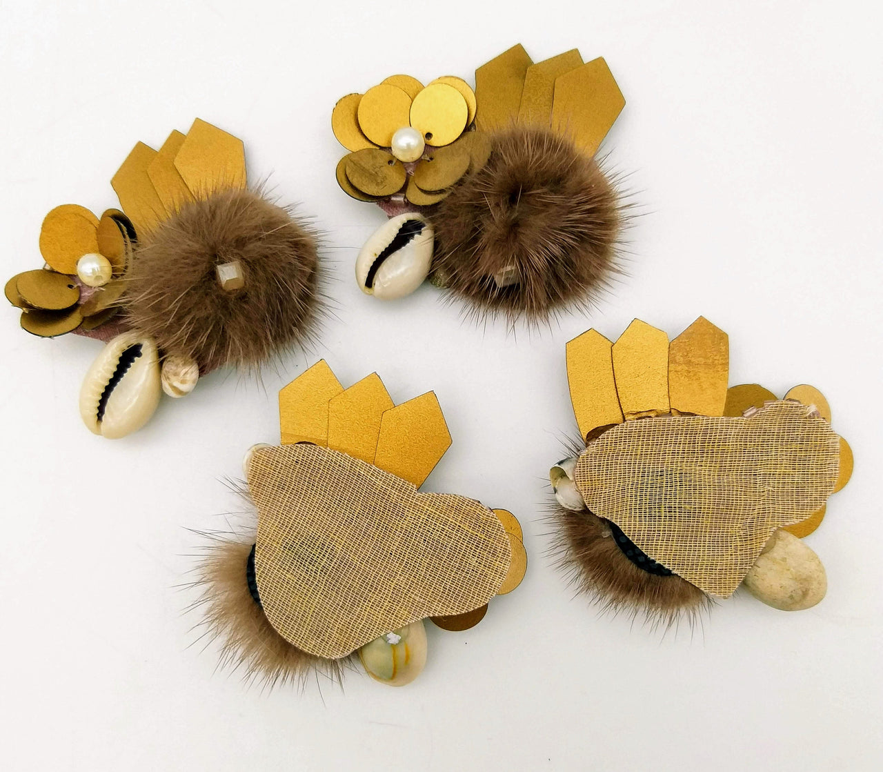 Hand Embroidered Bronze Applique With Cowrie Shell, Sequins,Pearl and Feather Pom Pom