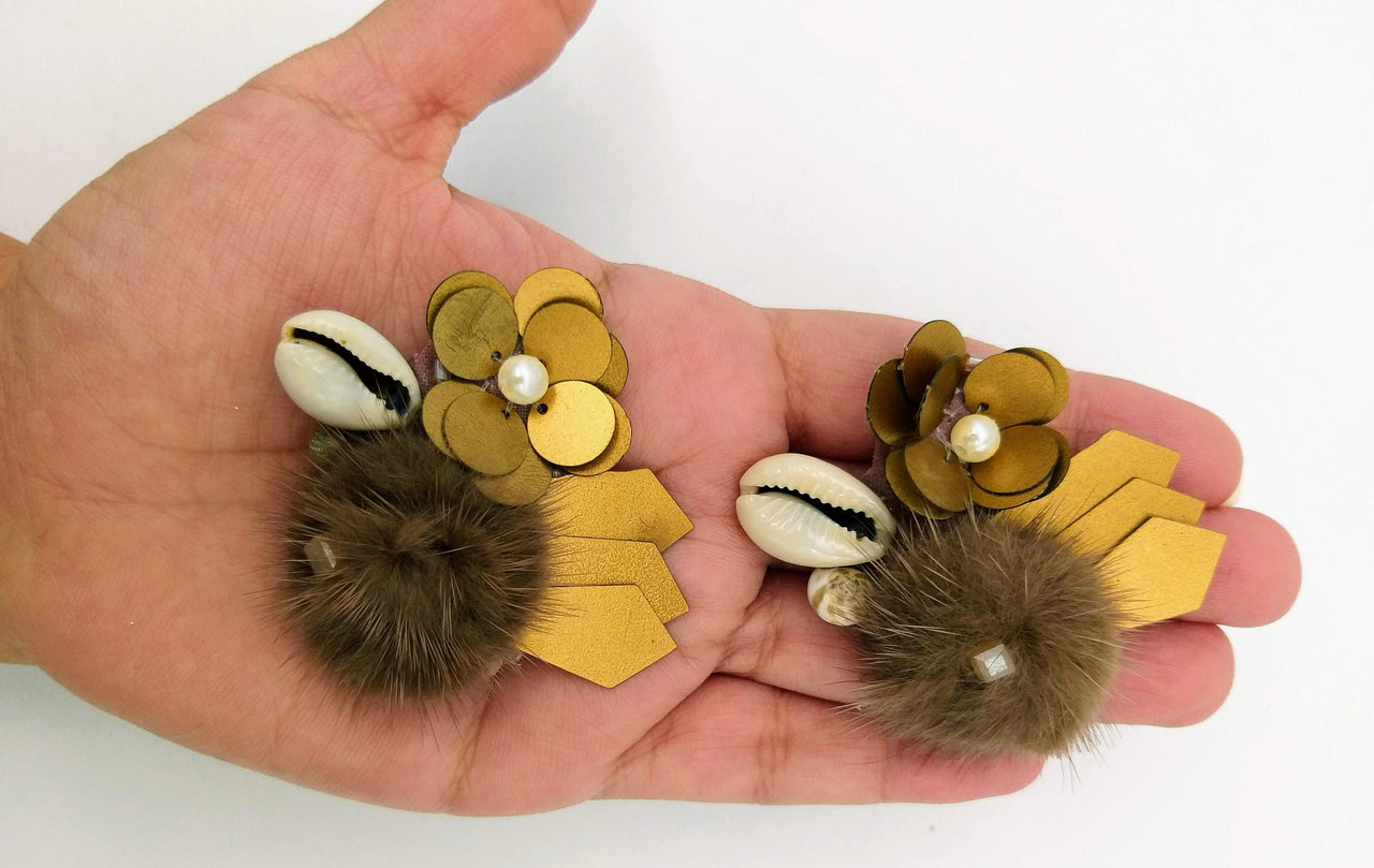 Hand Embroidered Bronze Applique With Cowrie Shell, Sequins,Pearl and Feather Pom Pom