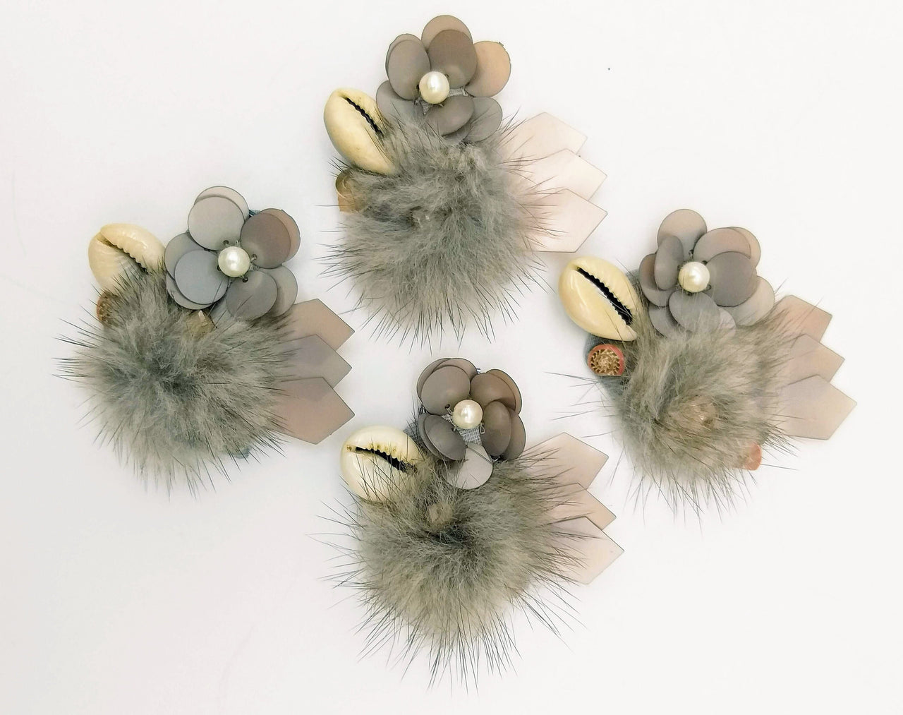 Hand Embroidered Grey Applique With Cowrie Shell, Sequins,Pearl and Feather Pom Pom
