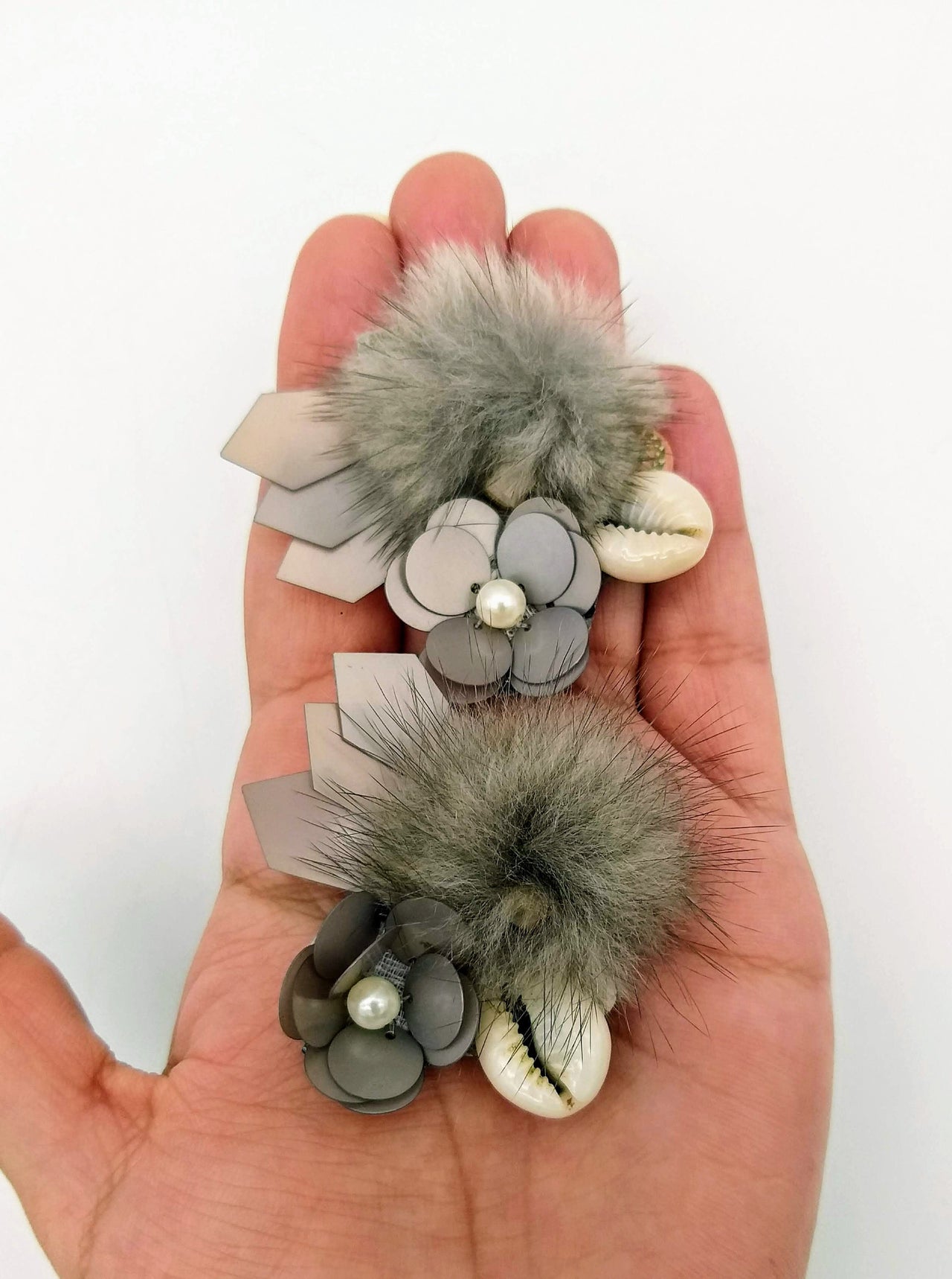 Hand Embroidered Grey Applique With Cowrie Shell, Sequins,Pearl and Feather Pom Pom