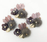 Thumbnail for Hand Embroidered Metallic Grey Applique With Cowrie Shell, Sequins,Pearl and Feather Pom Pom