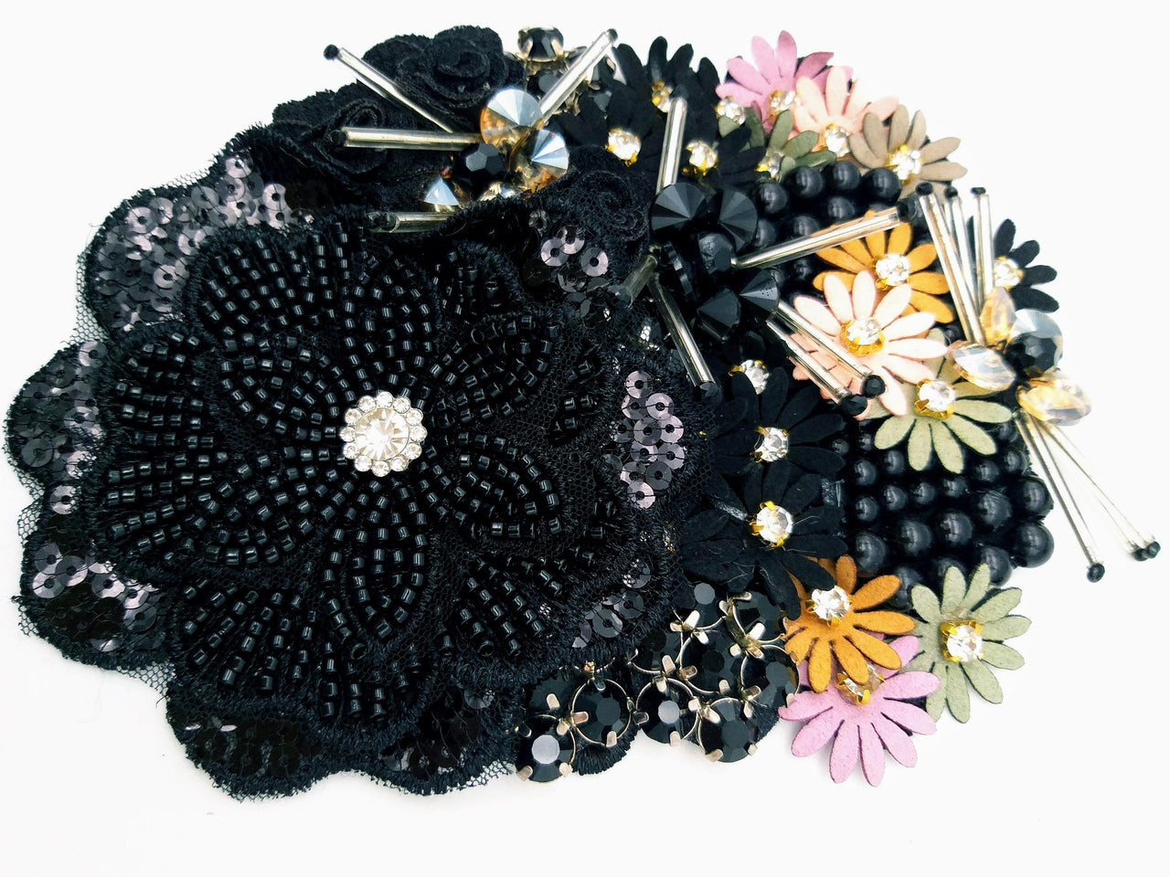 Black Hand Embroidered Floral Applique With Beads, Rhinestones,Bugle Beads