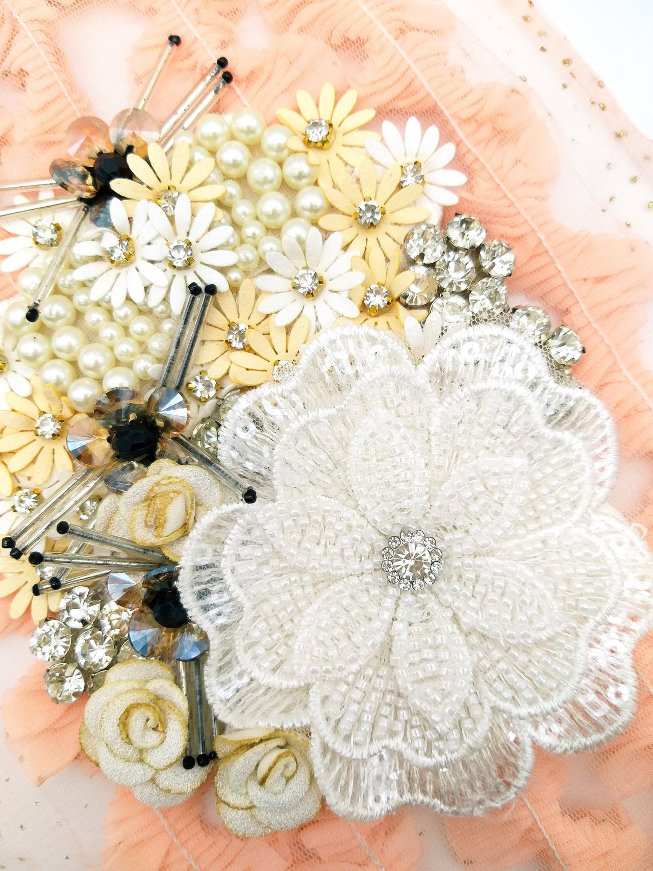 White Hand Embroidered Floral Applique With Beads, Rhinestones,Bugle Beads