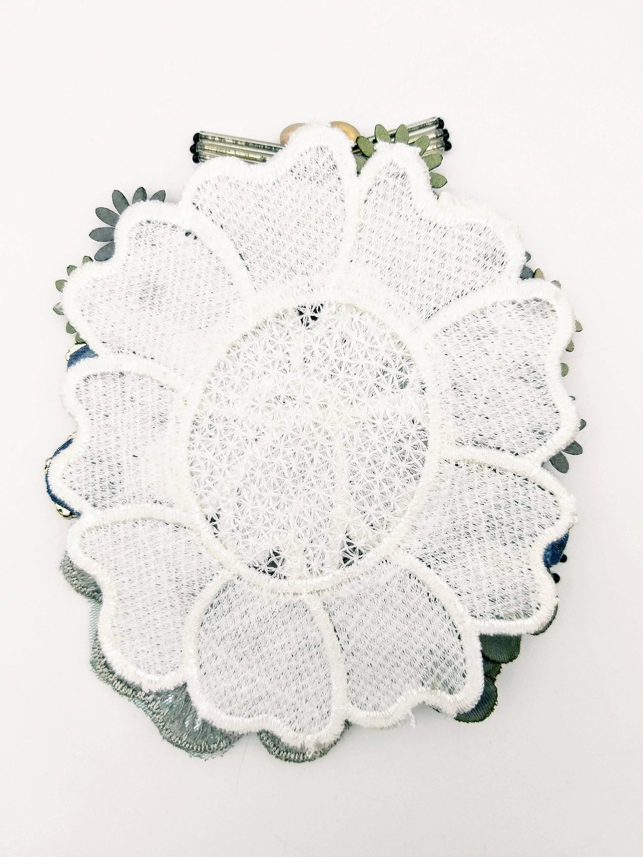 Grey Hand Embroidered Floral Applique With Beads, Rhinestones,Bugle Beads