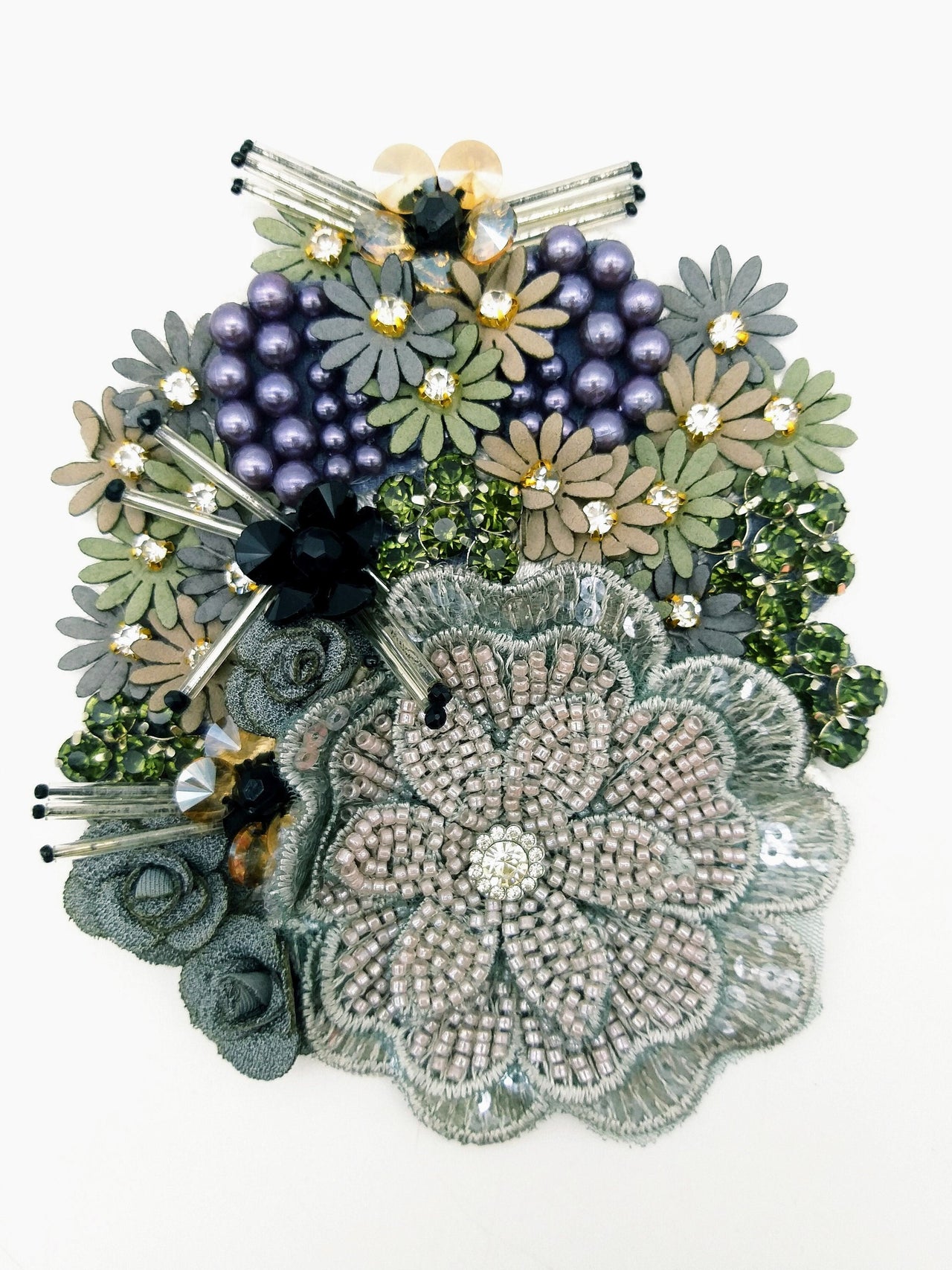 Grey Hand Embroidered Floral Applique With Beads, Rhinestones,Bugle Beads