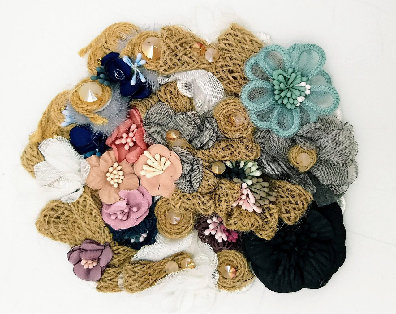 Handcrafted Jute Floral Applique in Pink, Black, Grey