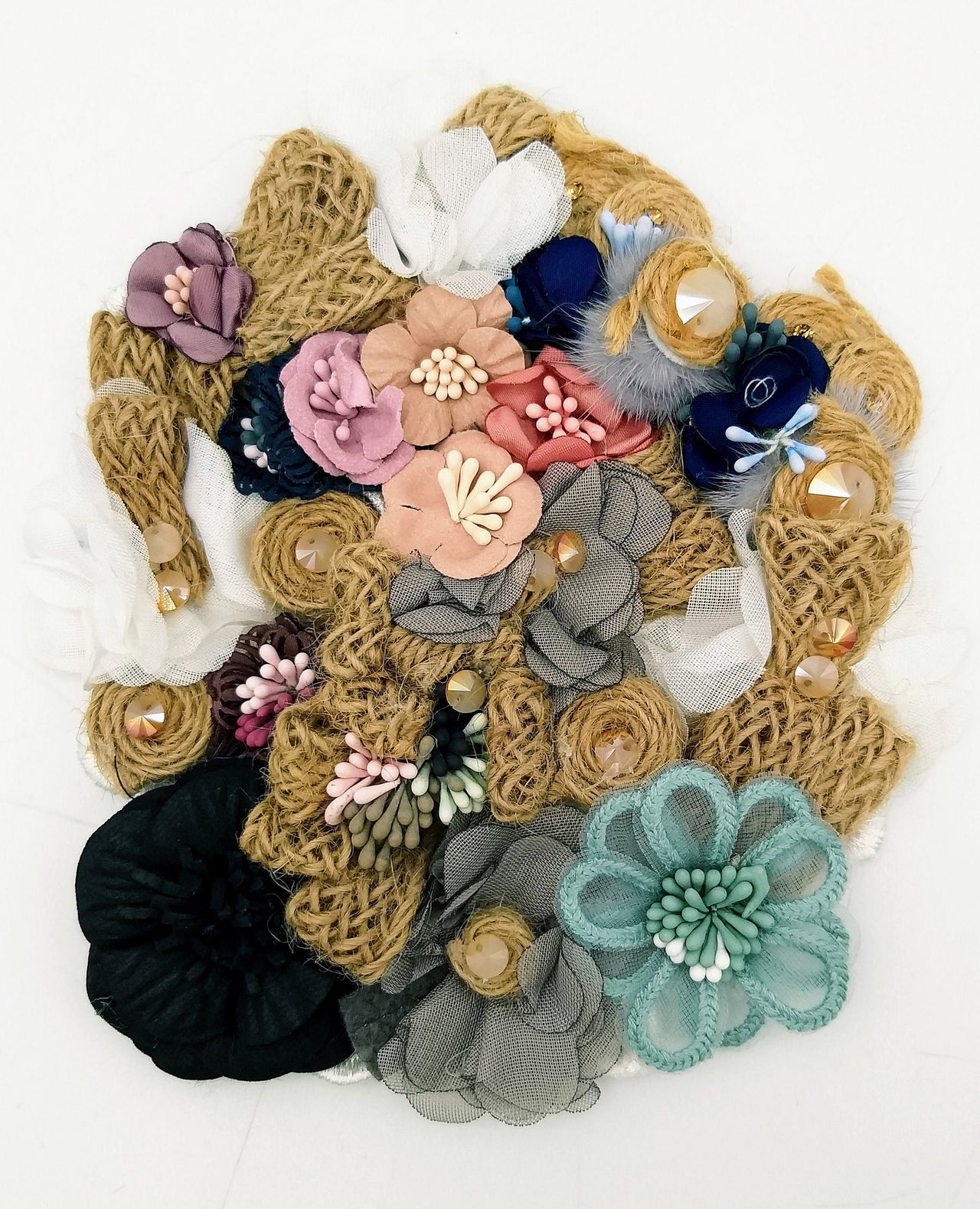 Handcrafted Jute Floral Applique in Pink, Black, Grey