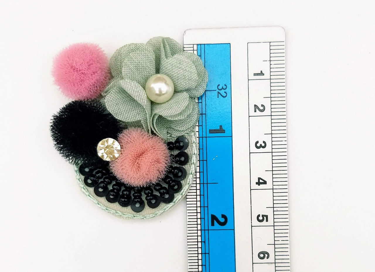 Hand Embroidered Grey, Pink And Black Floral Applique, 2 Pcs