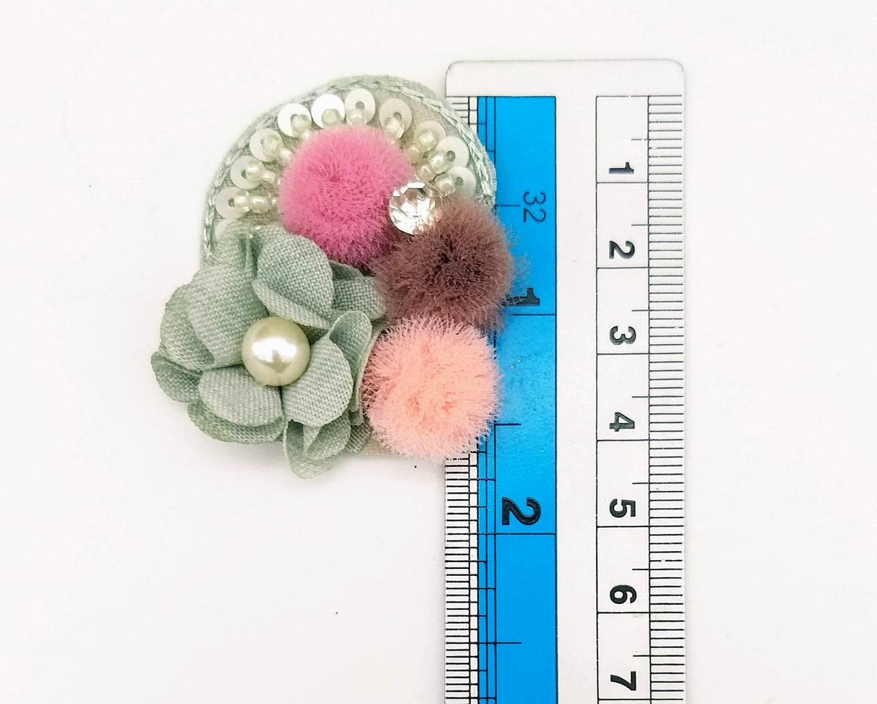 Hand Embroidered Teal Green And Pink Floral Applique, 2 Pcs