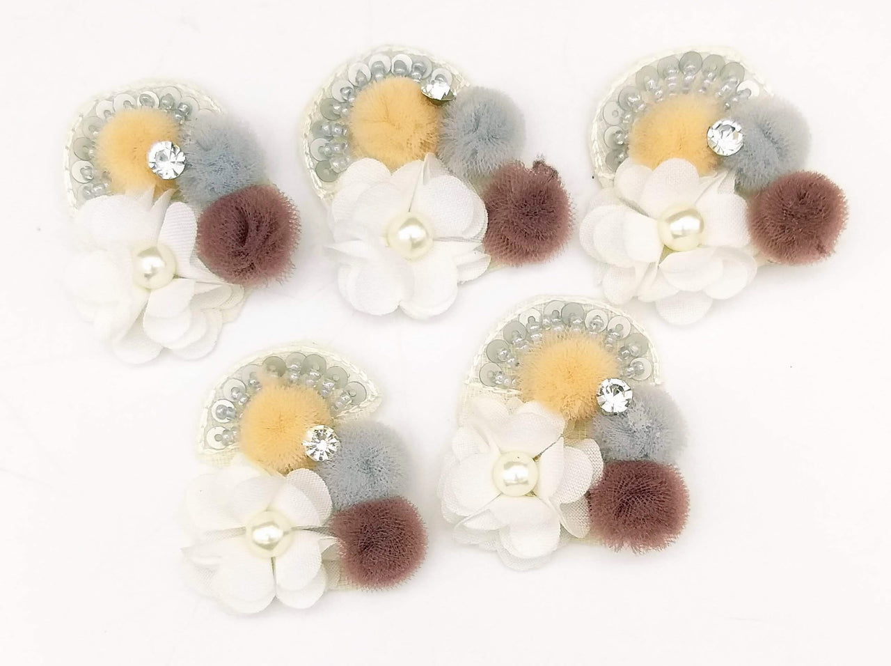 Hand Embroidered White, Grey And Brown Floral Applique, 2 Pcs