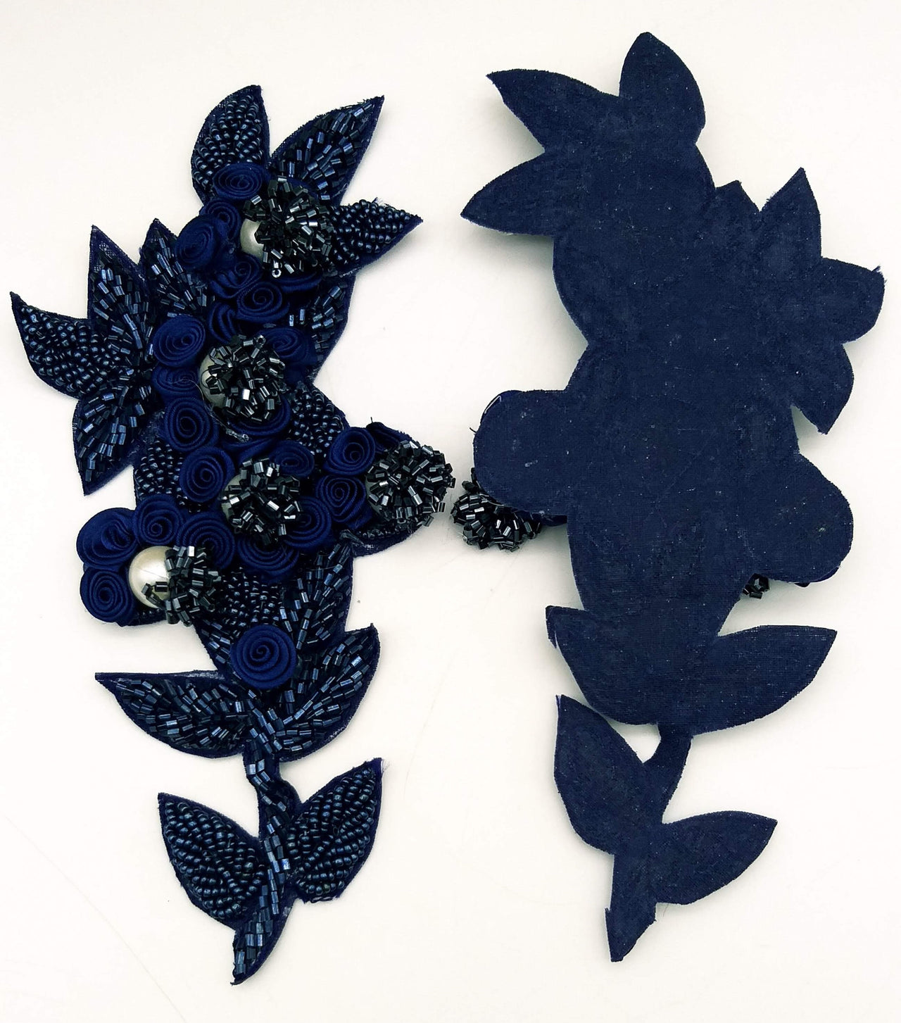 Navy Blue Hand Embroidered Floral Applique, Beaded Floral Motif