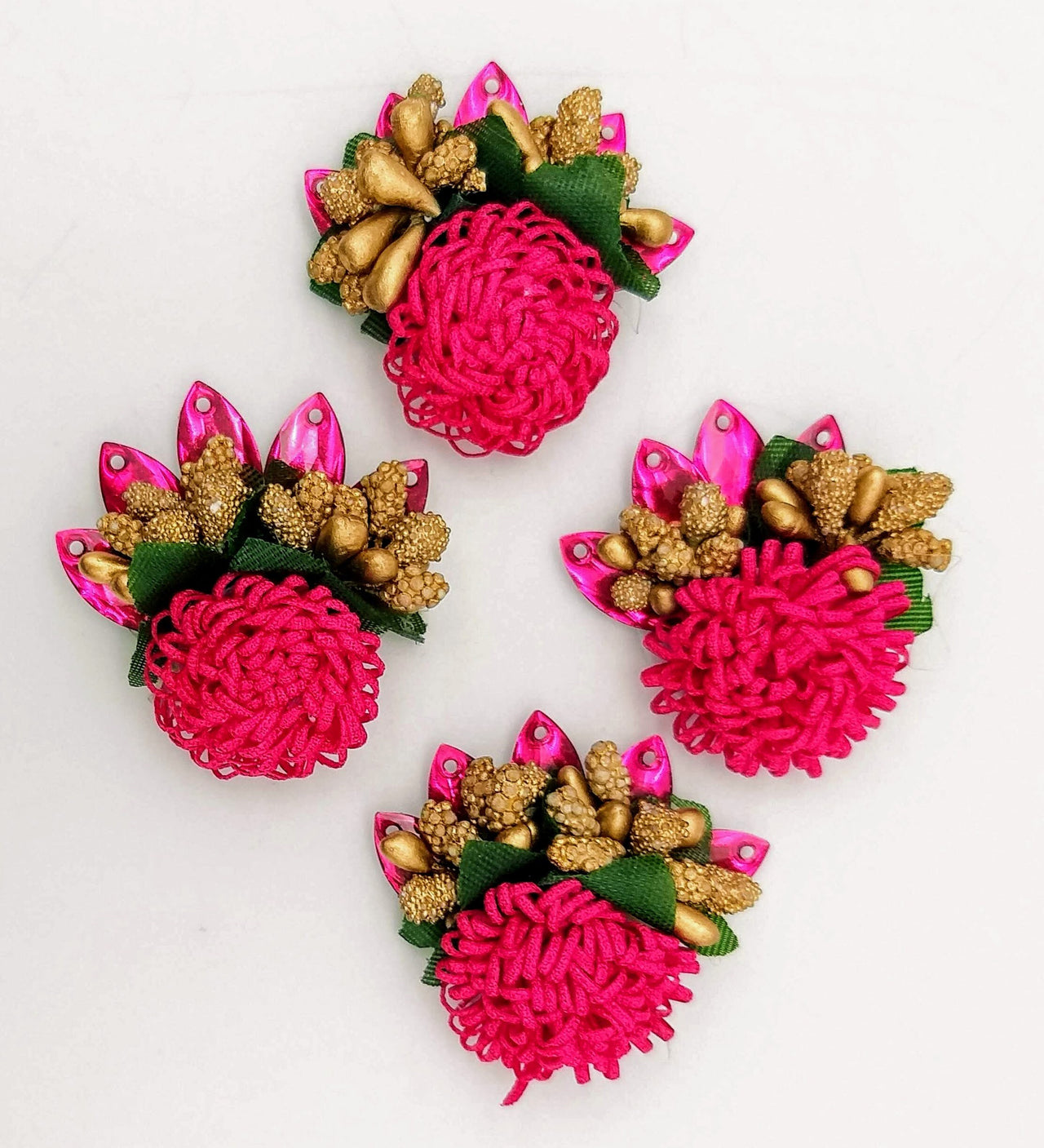 Handmade Fuchsia Pink Floral Applique with Beads, Flower Motifs x 3