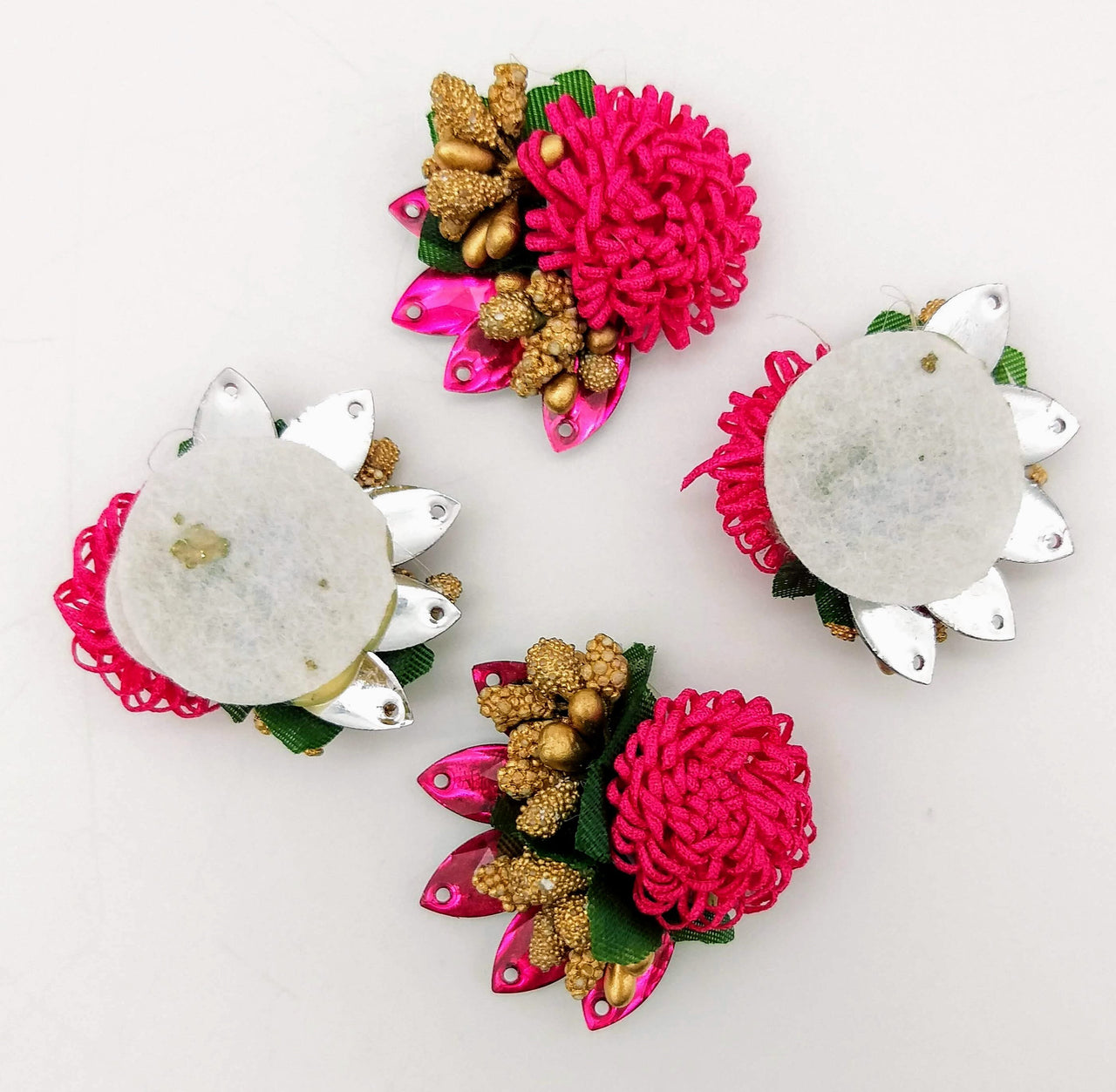 Handmade Fuchsia Pink Floral Applique with Beads, Flower Motifs x 3