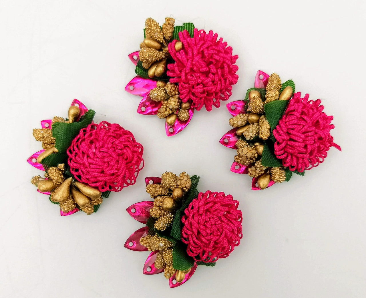 Handmade Fuchsia Pink Floral Applique with Beads, Flower Motifs x 3