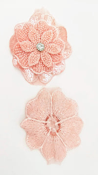 Thumbnail for Pink Hand Embroidered Floral Applique With Beads, Crochet Cut Dana Applique, Beaded Flower Motifs
