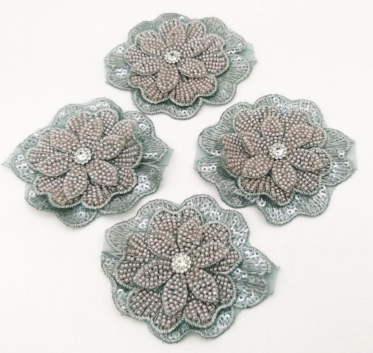 Grey Hand Embroidered Floral Applique With Beads, Crochet Cut Dana Applique, Beaded Flower Motifs