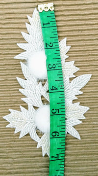 Thumbnail for White Hand Embroidered Floral Applique, Beaded Floral Motif With Feather Pom Pom, 1 Pc