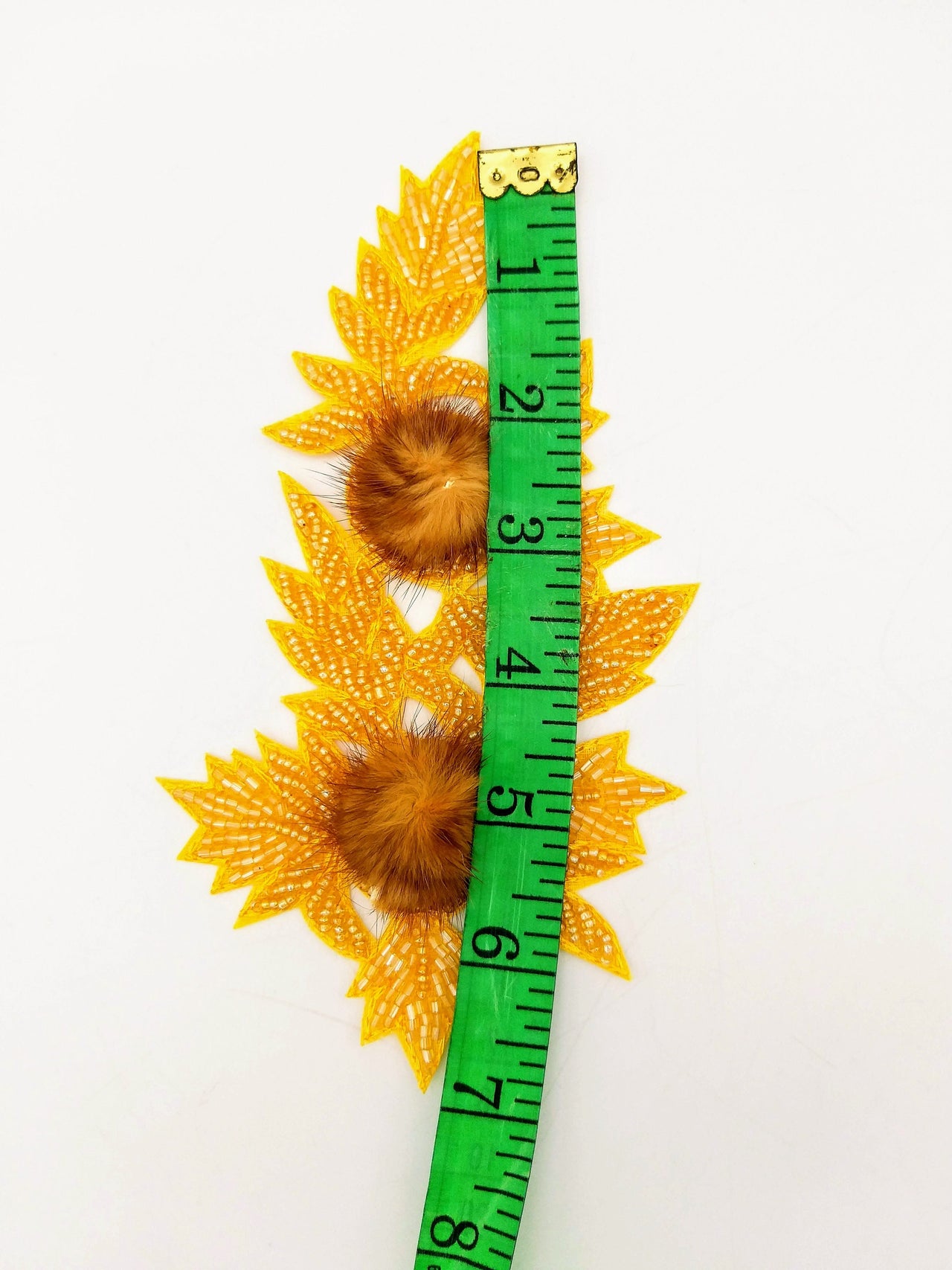 Yellow Hand Embroidered Floral Applique, Beaded Floral Motif With Feather Pom Pom, 1 Pc