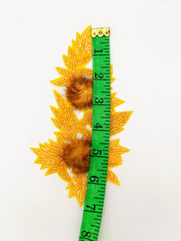 Thumbnail for Yellow Hand Embroidered Floral Applique, Beaded Floral Motif With Feather Pom Pom, 1 Pc