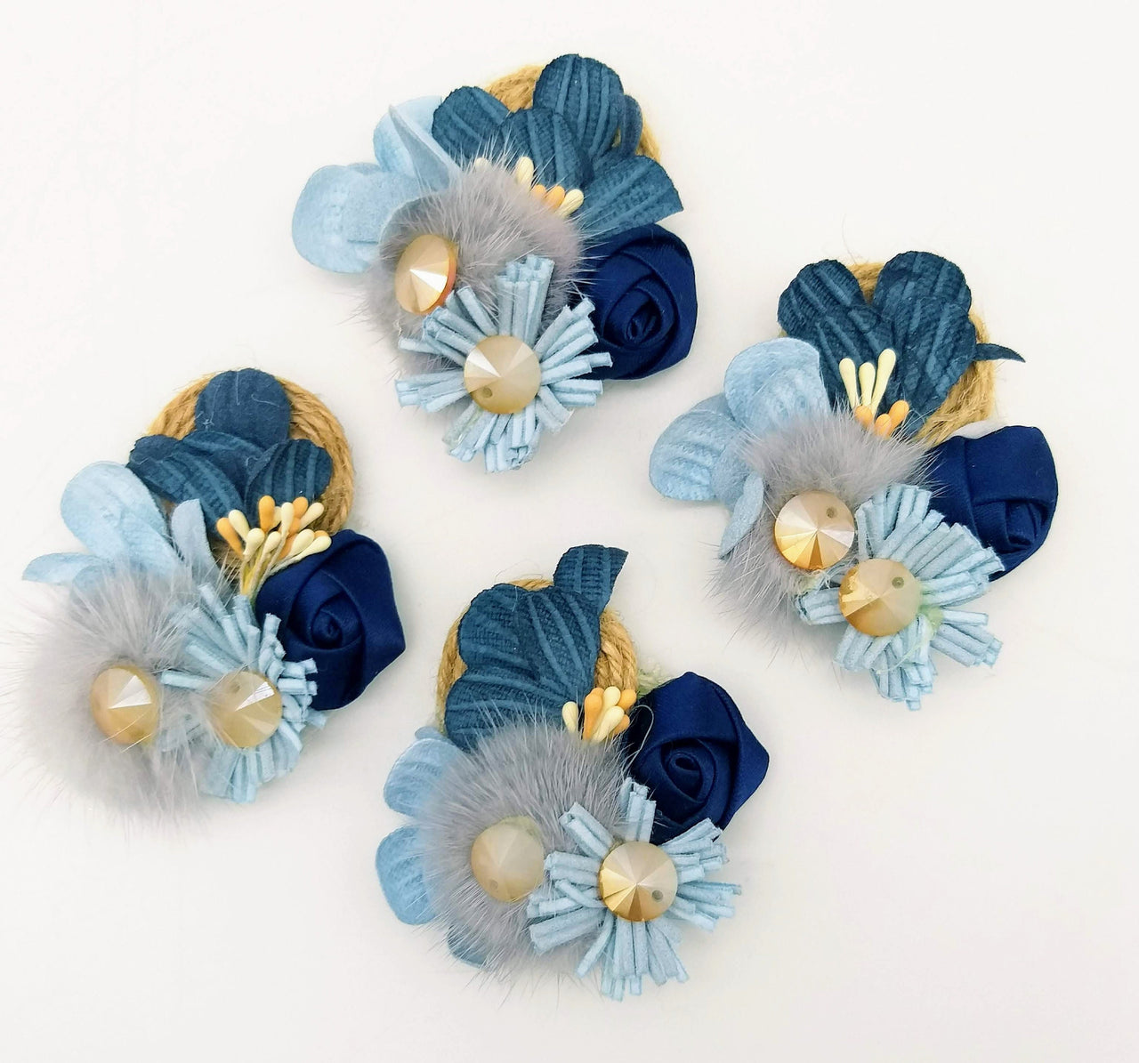 Hand Embroidered Blue Floral Applique With Feather Pom Poms and Stones, 2 Pcs
