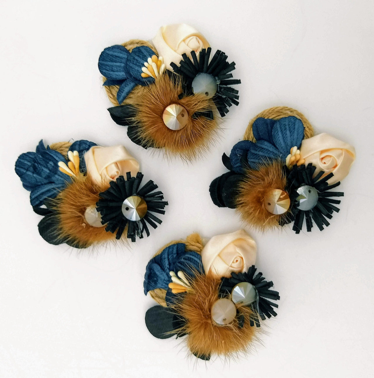 Hand Embroidered Blue and Brown Floral Applique With Feather Pom Poms and Stones, 2 Pcs