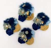Thumbnail for Hand Embroidered Navy Blue Floral Applique With Feather Pom Poms and Stones, 2 Pcs