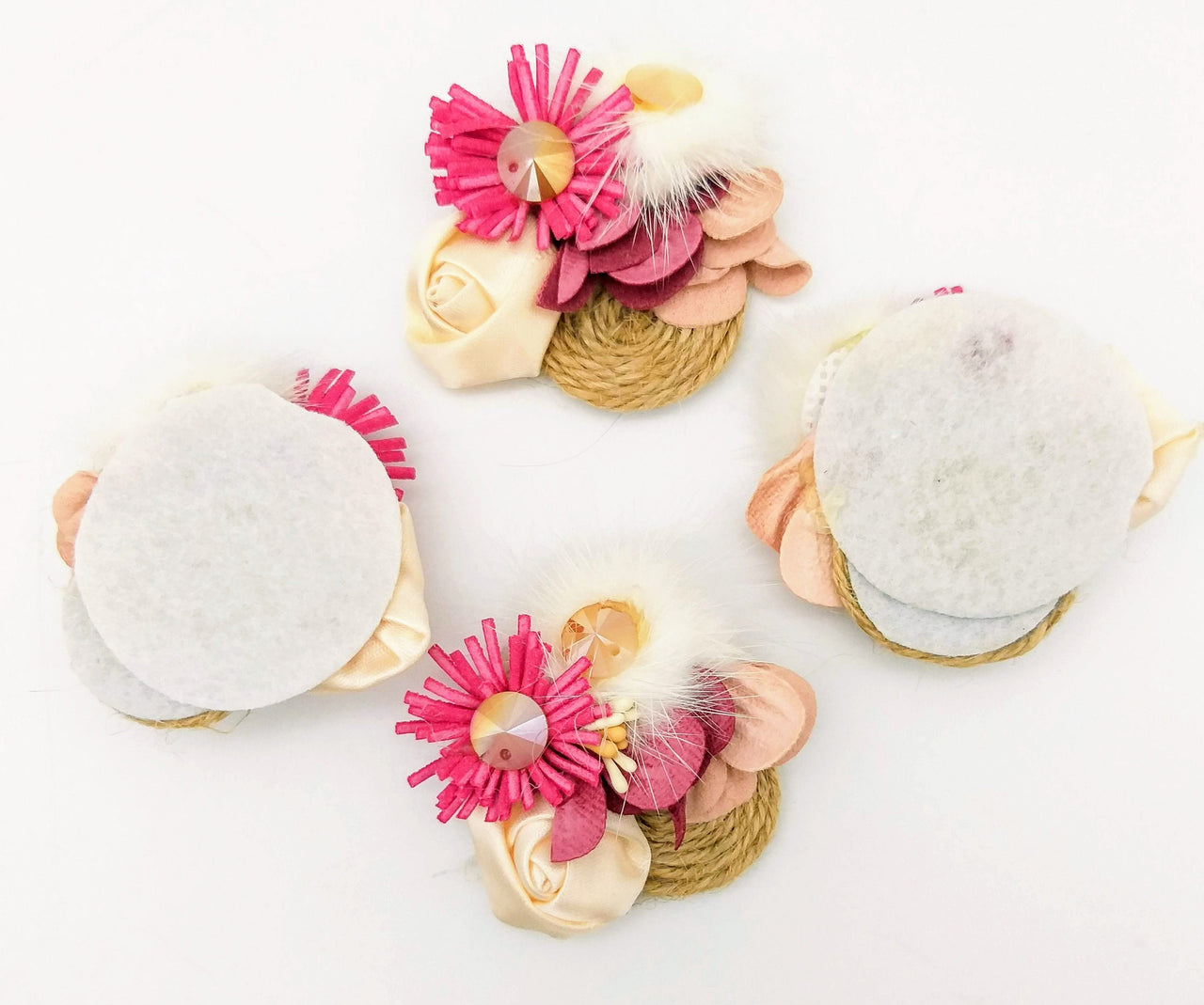Hand Embroidered Pink and Beige Floral Applique With Feather Pom Poms and Stones, 2 Pcs