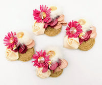 Thumbnail for Hand Embroidered Pink and Beige Floral Applique With Feather Pom Poms and Stones, 2 Pcs