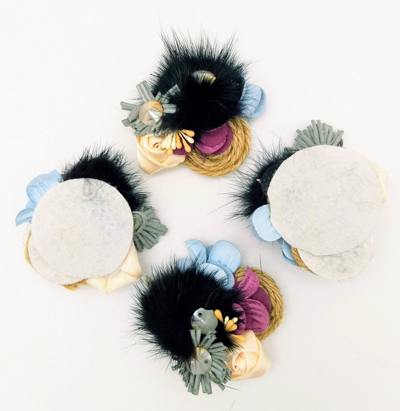 Hand Embroidered Black and Beige Floral Applique With Feather Pom Poms and Stones, 2 Pcs