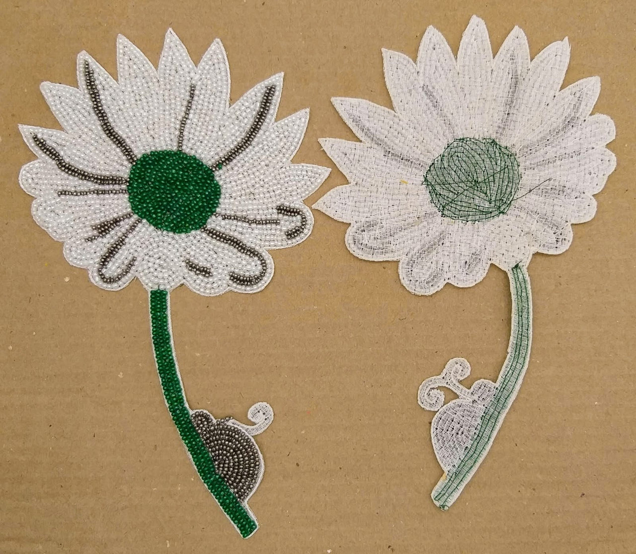 Hand Embroidered White and Green Floral Applique With Snail, Beaded Applique, 1 Piece