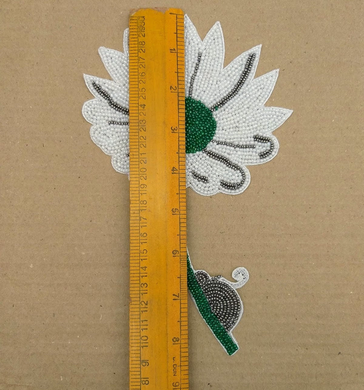 Hand Embroidered White and Green Floral Applique With Snail, Beaded Applique, 1 Piece