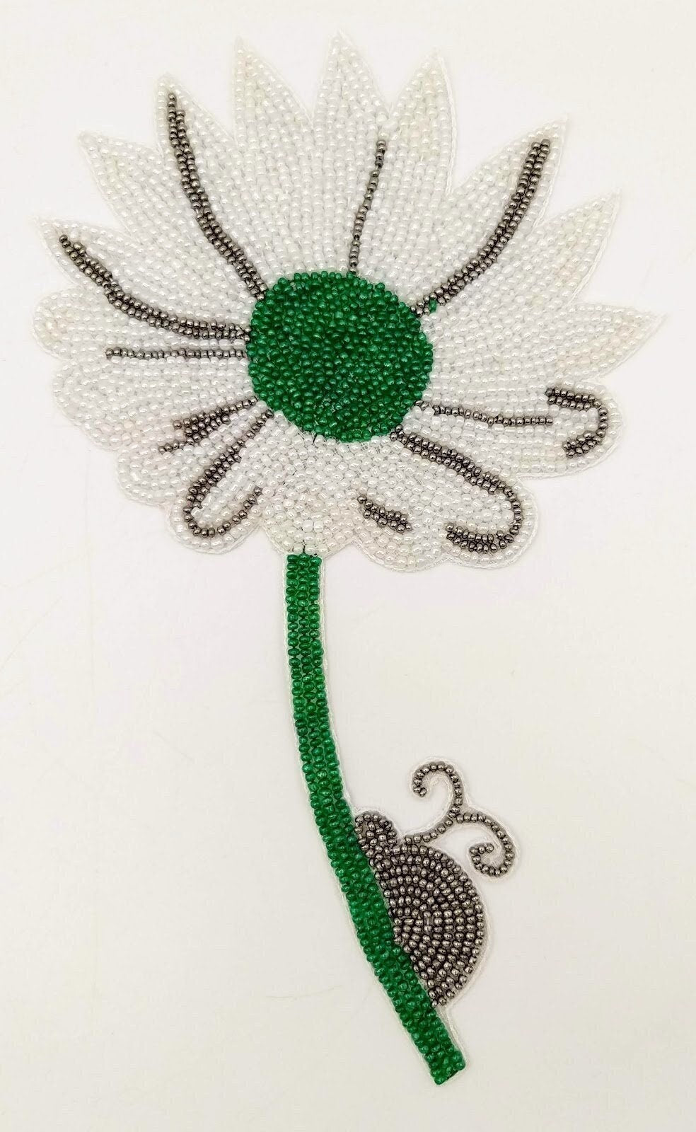 Hand Embroidered White and Green Floral Applique With Snail, Beaded Applique, 1 Piece