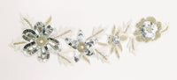 Thumbnail for Silver and White Floral Applique Hand Embroidered with Silver Sequins, White Beads and Silver Bugle Beads, Wedding Applique