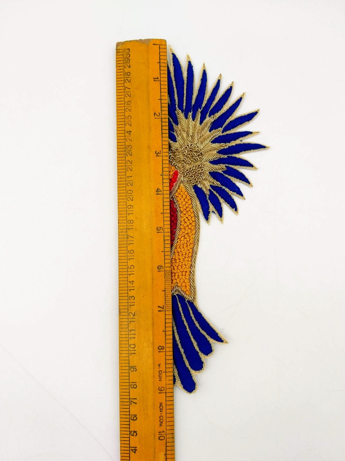 Hand Embroidered Bird Applique With Yellow, Blue and Red Embroidery With Antique Gold Zardozi Work, Bird Applique