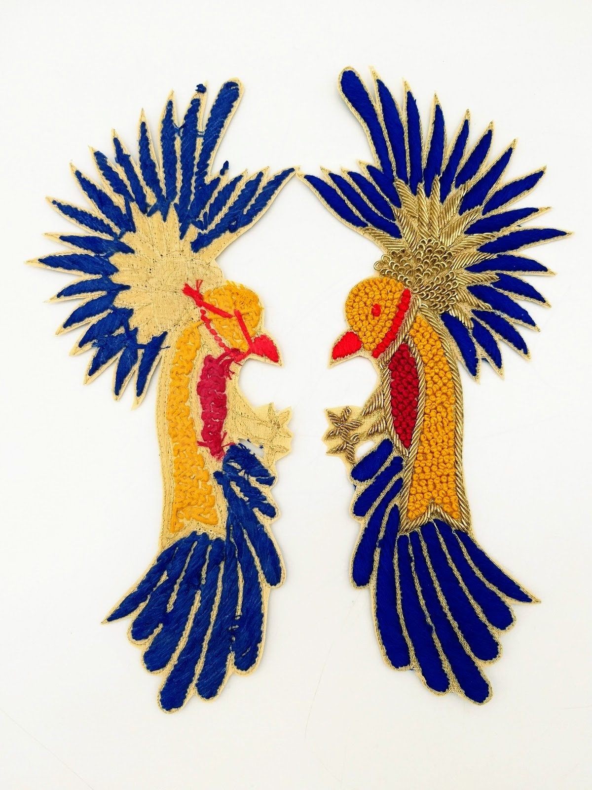 Hand Embroidered Bird Applique With Yellow, Blue and Red Embroidery With Antique Gold Zardozi Work, Bird Applique